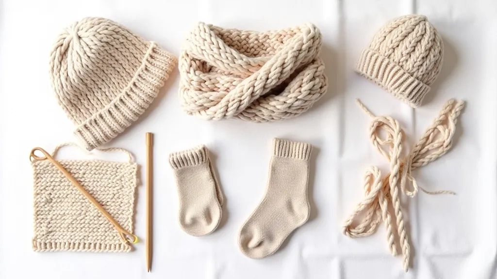Flat lay of all four beginner projects arranged together: dishcloth, cowl, socks, and hat, photographed on natural linen background with knitting needles