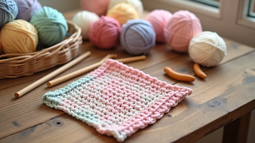 Flat lay of beginner knitting supplies including bamboo needles, colorful cotton yarn in natural shades, and a completed dishcloth with simple garter stitch pattern