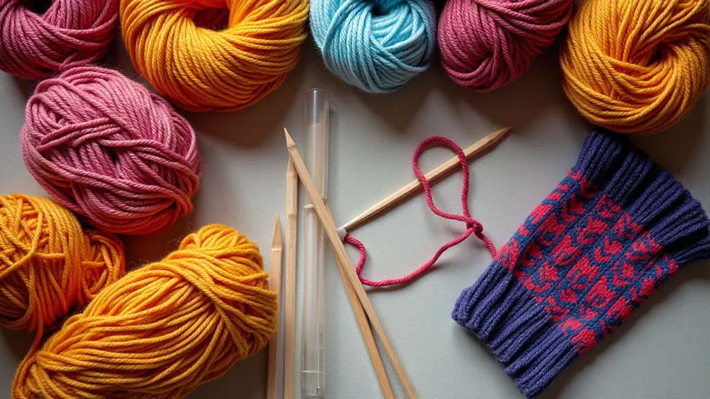 Flat lay of knitting needles, yarn, and a partially completed knitted swatch with visible stitches