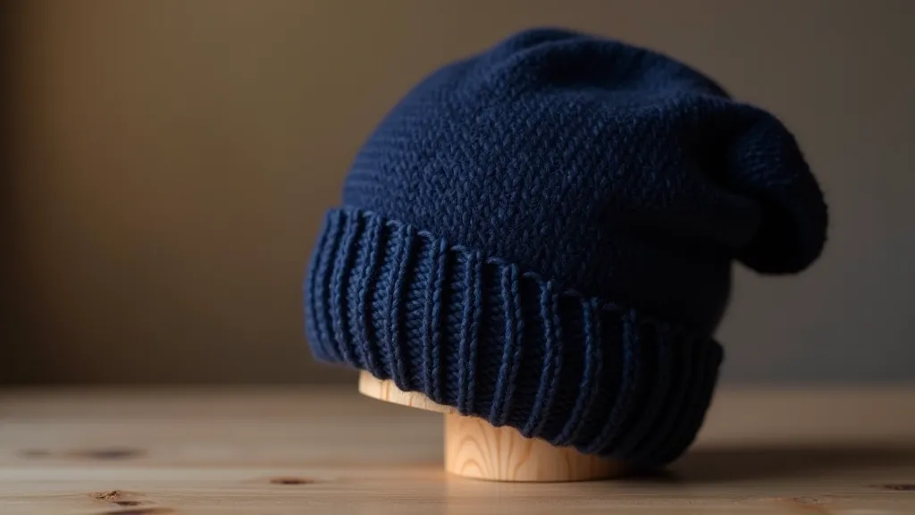 Knitted beanie hat in navy blue wool displayed on wooden hat block, showing ribbed cuff and stockinette body with visible crown decreases