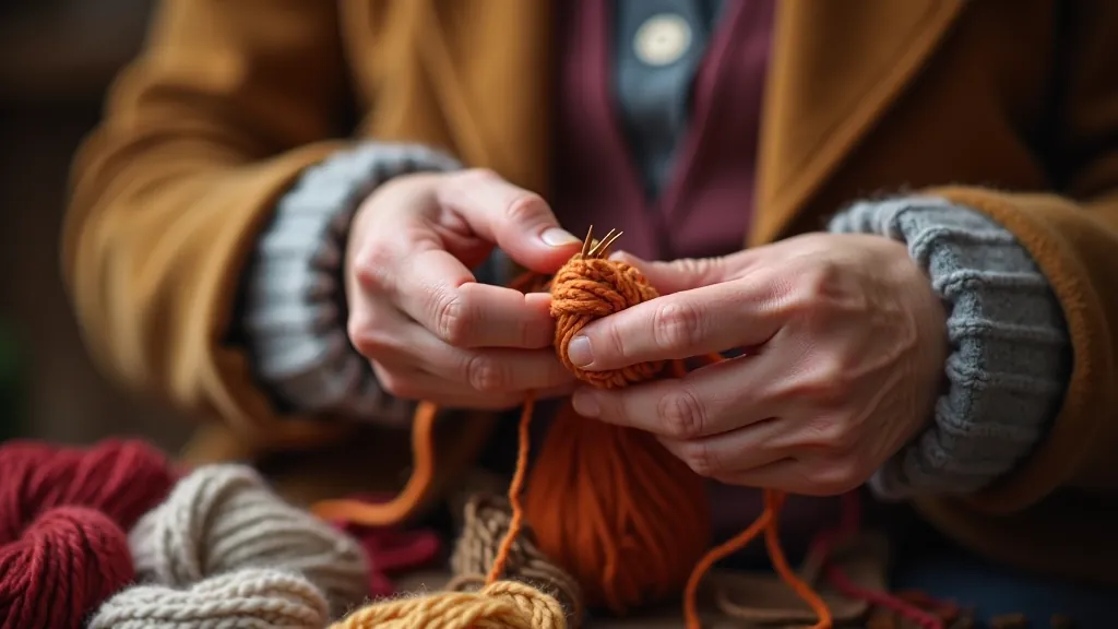 Elderly hands demonstrating traditional Latvian mitten knitting technique on wooden needles with colorful yarn