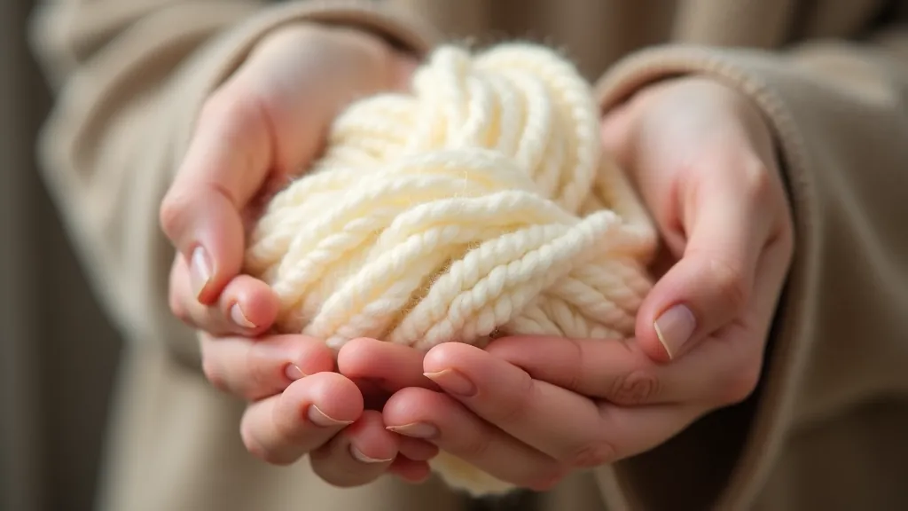 Hands holding natural wool yarn in cream and earth tones, showing texture and quality of fiber