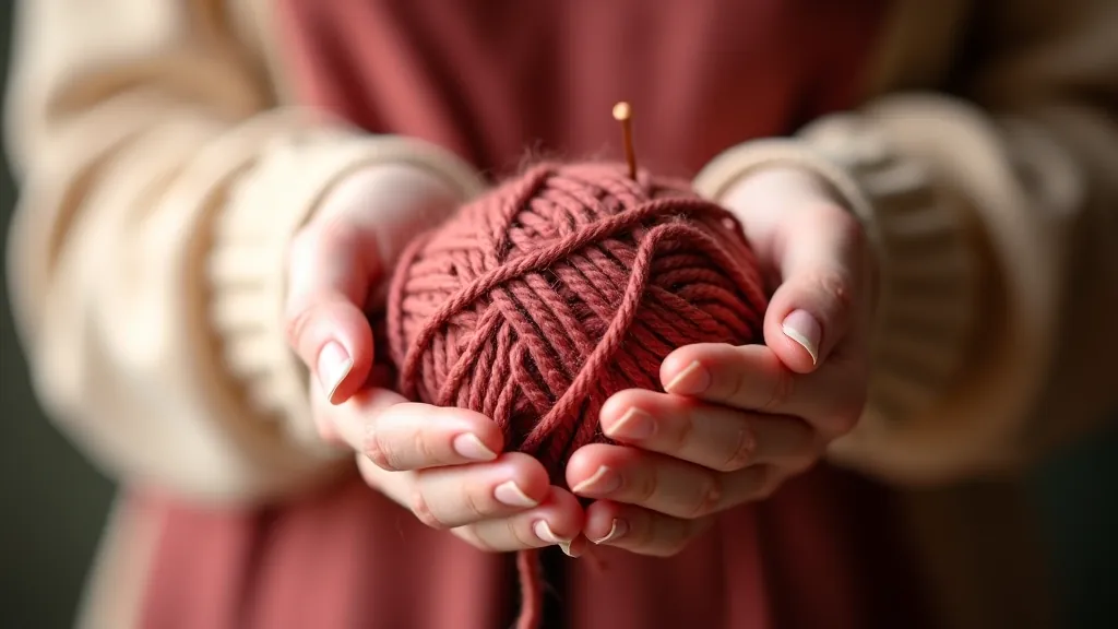 Hands holding natural wool yarn and traditional Latvian knitting needles in a bright studio setting