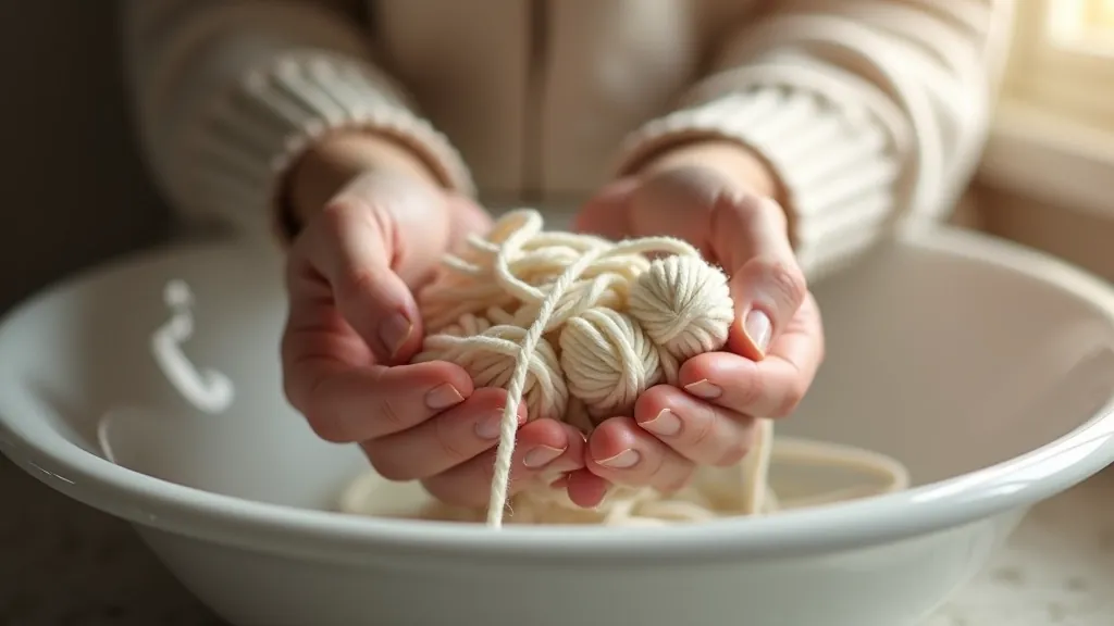 Hands washing wool yarn in a bowl of water with soap, demonstrating gentle fiber care