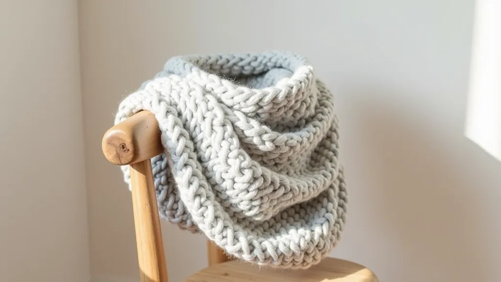 Cozy cowl scarf in light gray wool draped over a wooden chair back, showing the stockinette stitch pattern clearly, soft natural light