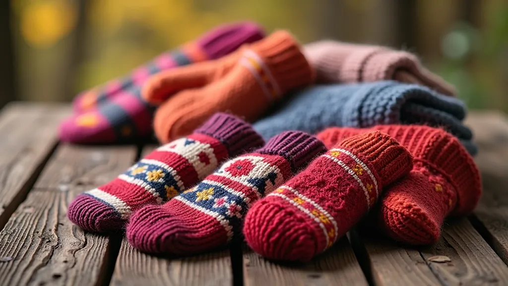 Multiple pairs of finished traditional Latvian mittens with varying pattern designs arranged on rustic wooden table