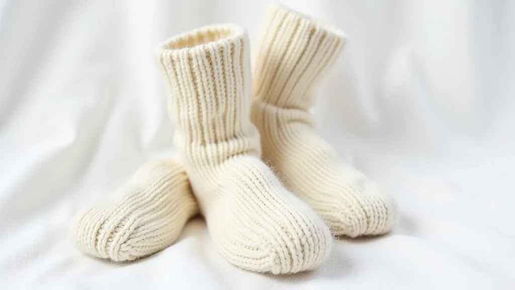 Pair of simple knitted socks in cream-colored wool, photographed on white linen, showing ribbed cuff and stockinette body