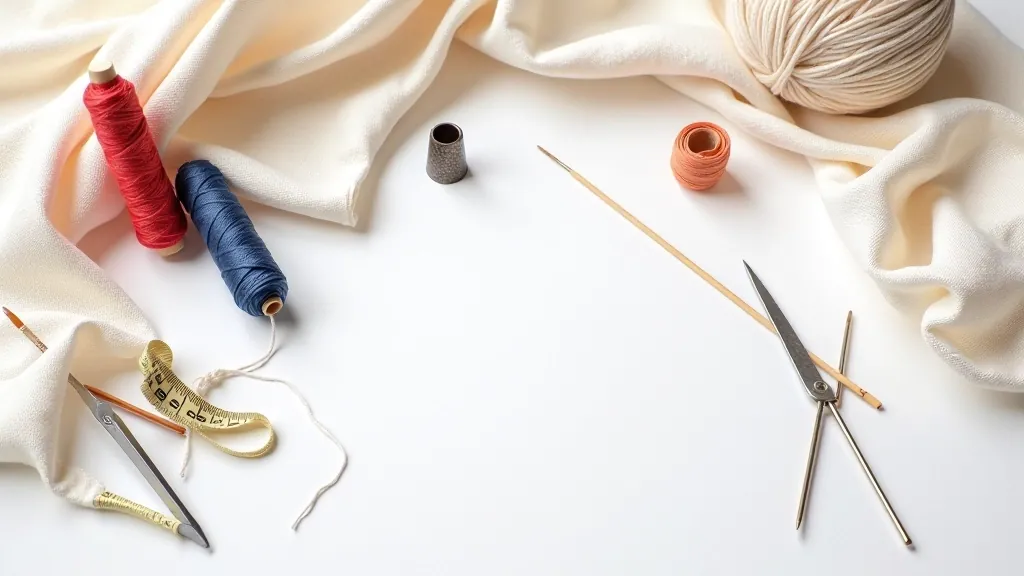 Sewing supplies including needles, thread, scissors arranged on white fabric surface