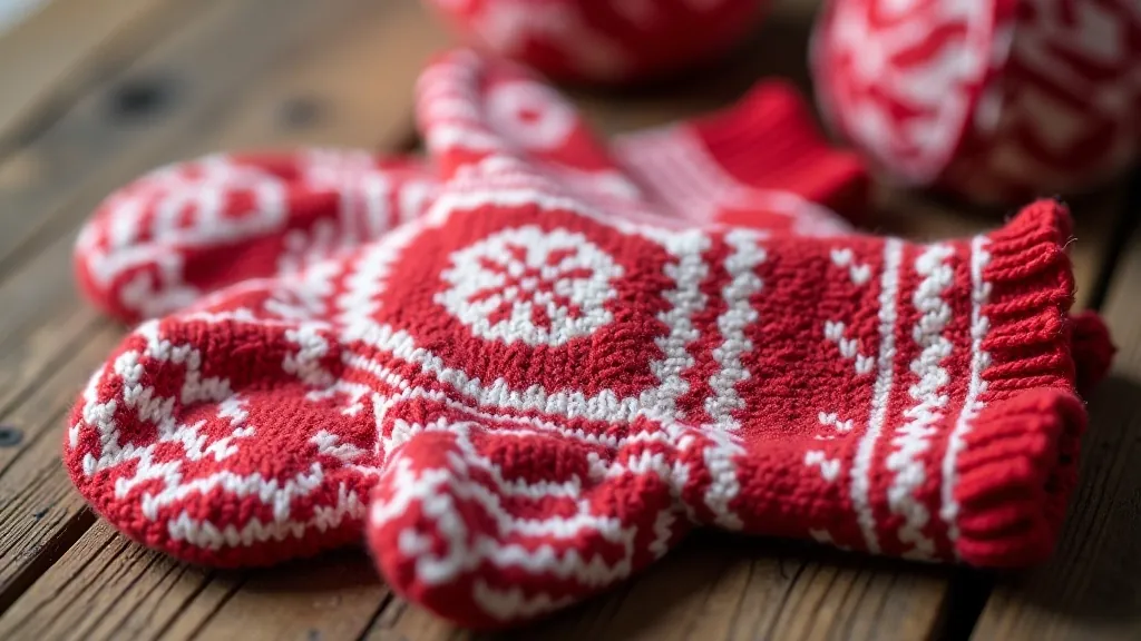 Close-up of colorful traditional Latvian mittens with geometric patterns displayed on a wooden surface