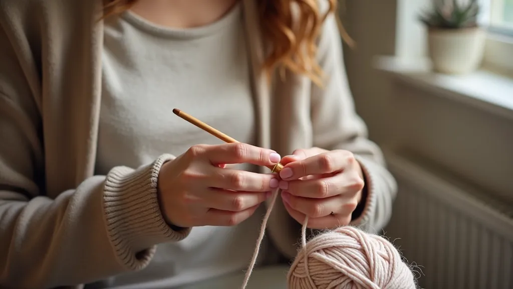 Hands of a beginner knitter working on a cotton dishcloth using size 6 needles, showing proper hand position and yarn tension